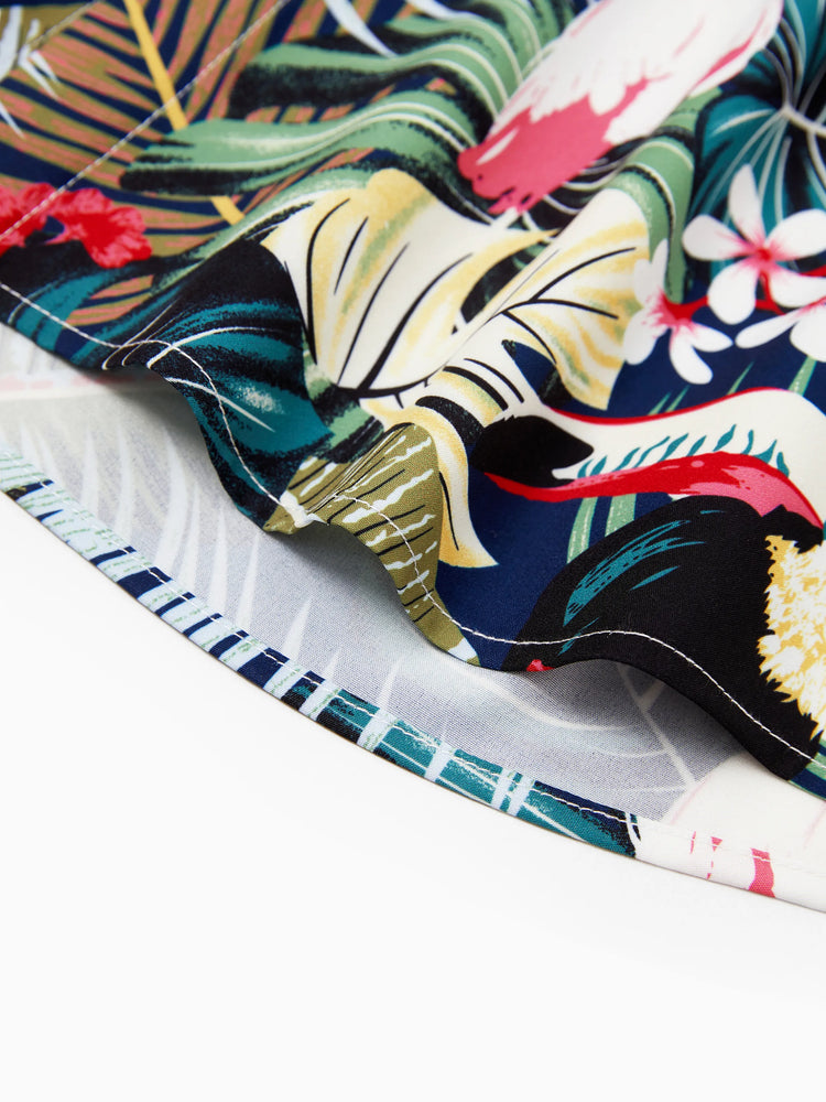 Couples Matching Hawaiian Set Tropical Print Short Sleeve Button-Down Shirt & Halter Cut Out Smocked Back Dress Set for Vacation Beachwear Deep Blue