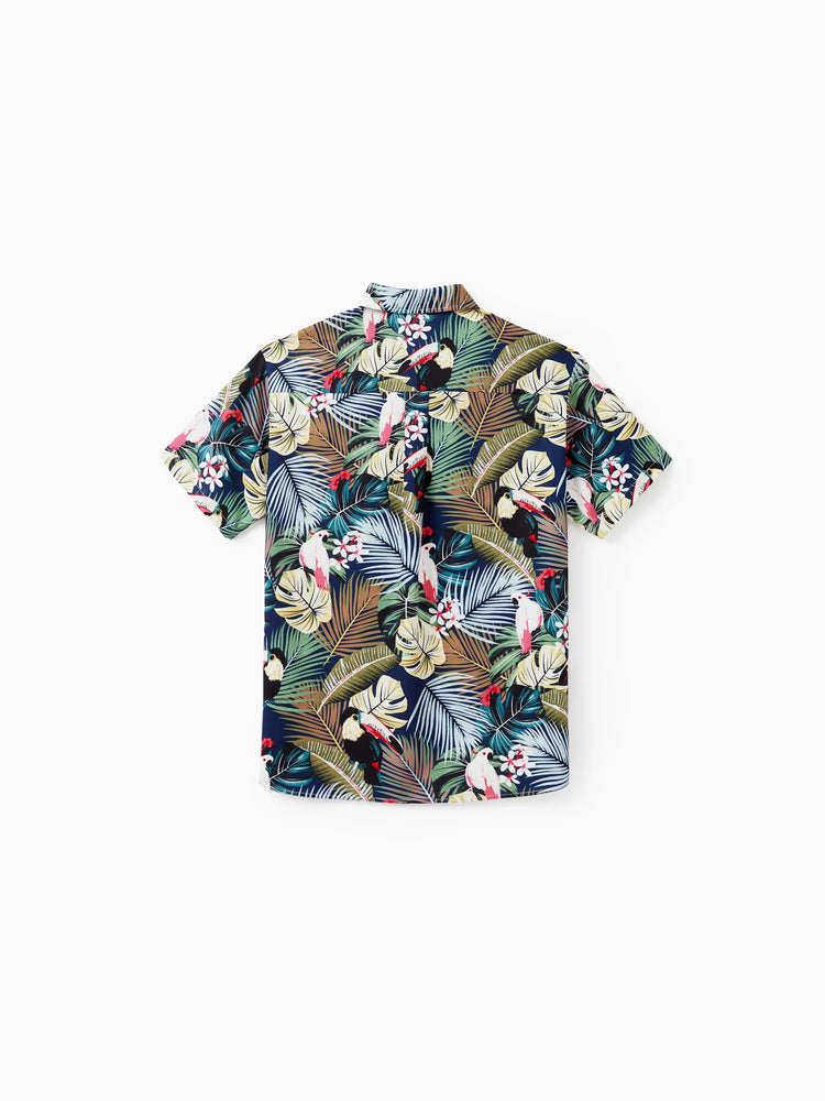 Couples Matching Hawaiian Set Tropical Print Short Sleeve Button-Down Shirt & Halter Cut Out Smocked Back Dress Set for Vacation Beachwear Deep Blue