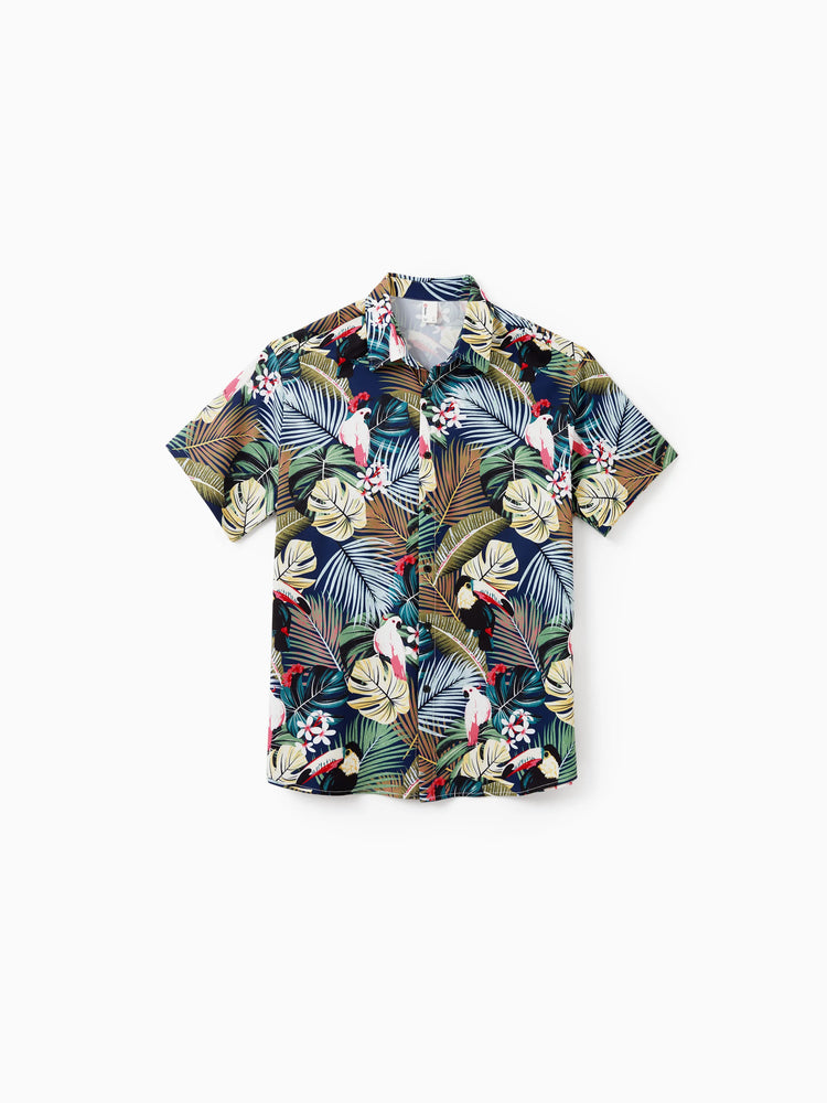 Couples Matching Hawaiian Set Tropical Print Short Sleeve Button-Down Shirt & Halter Cut Out Smocked Back Dress Set for Vacation Beachwear Deep Blue