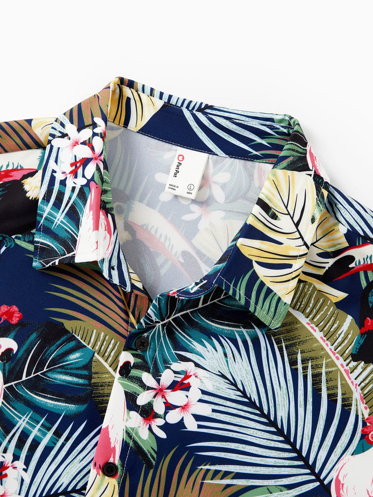 Couples Matching Hawaiian Set Tropical Print Short Sleeve Button-Down Shirt & Halter Cut Out Smocked Back Dress Set for Vacation Beachwear Deep Blue