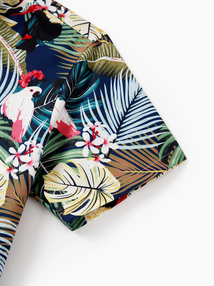 Couples Matching Hawaiian Set Tropical Print Short Sleeve Button-Down Shirt & Halter Cut Out Smocked Back Dress Set for Vacation Beachwear Deep Blue