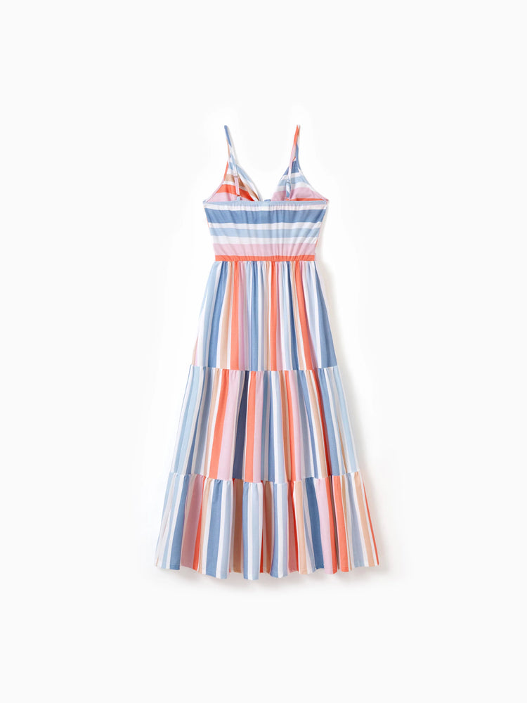 Mommy and Me Family Matching Blue Short-sleeve Tee or Colorful Stripe Camisole Dress Multi-color
