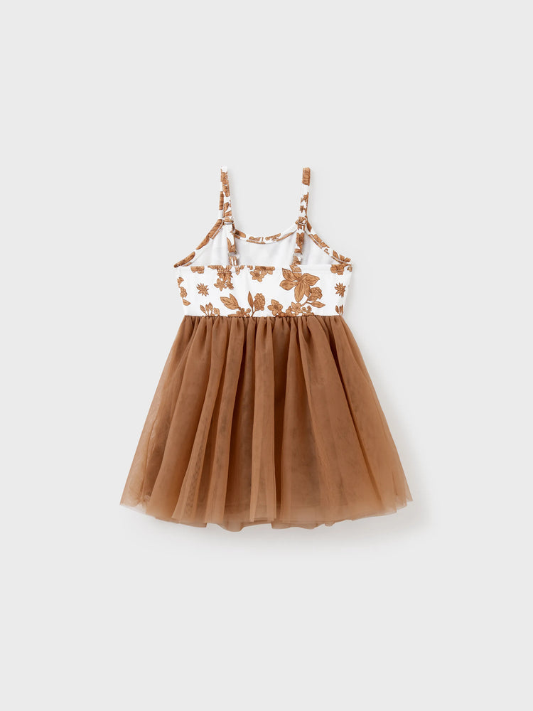 Family Matching Colorblock Cotton Tee or Flora Print Strap Body-con Dress or Mesh Splicing Dress Khaki