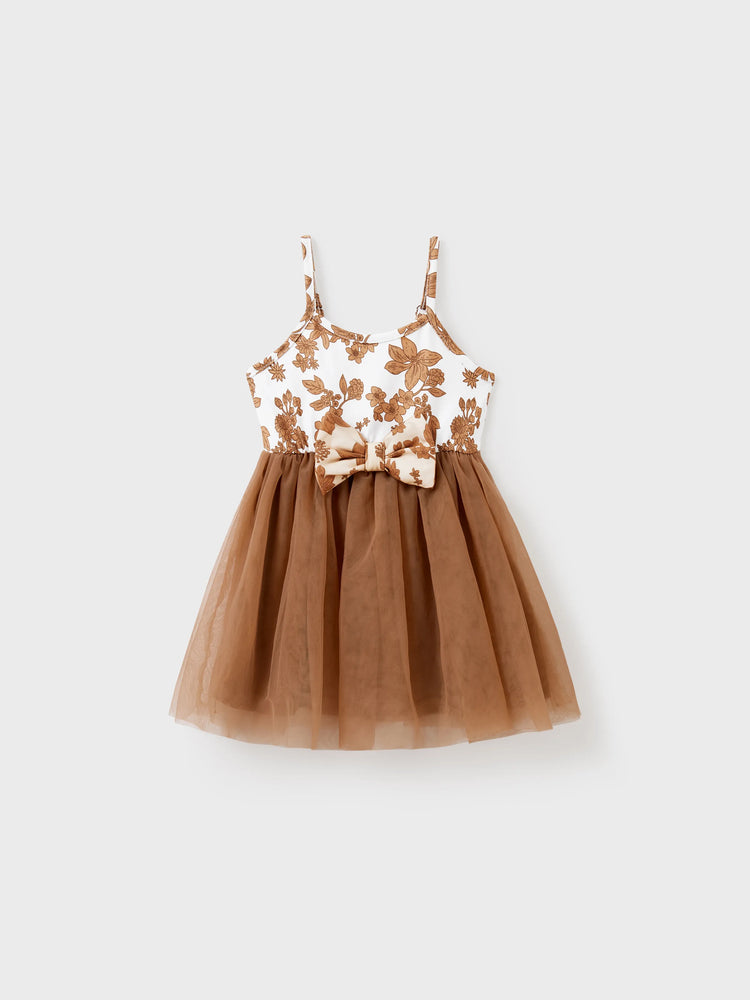 Family Matching Colorblock Cotton Tee or Flora Print Strap Body-con Dress or Mesh Splicing Dress Khaki