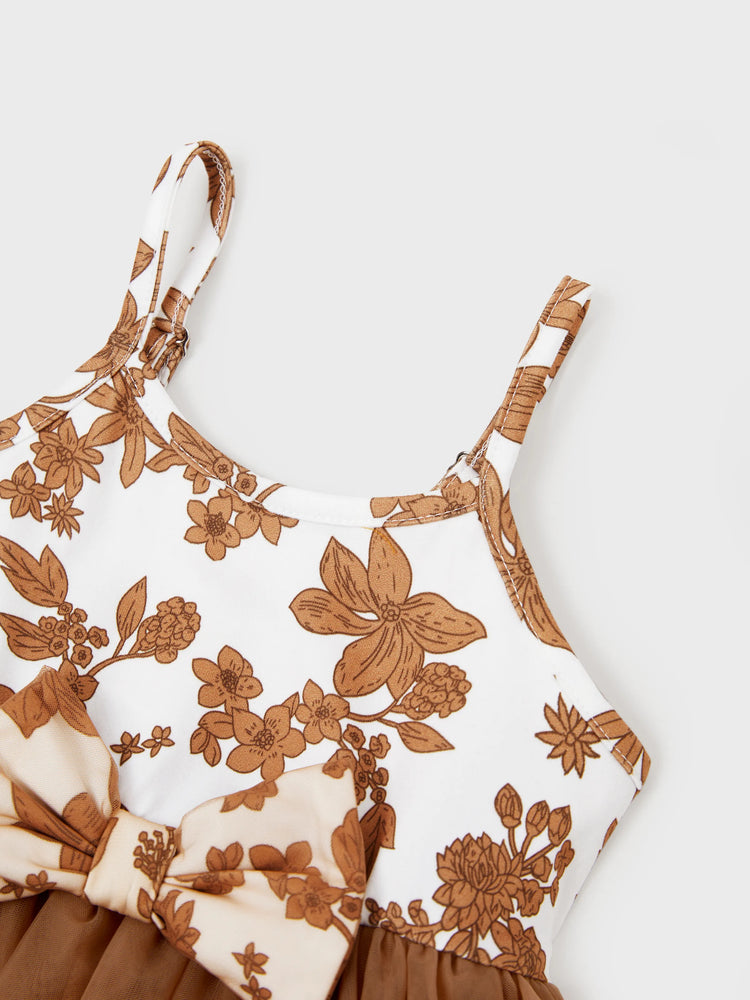 Family Matching Colorblock Cotton Tee or Flora Print Strap Body-con Dress or Mesh Splicing Dress Khaki