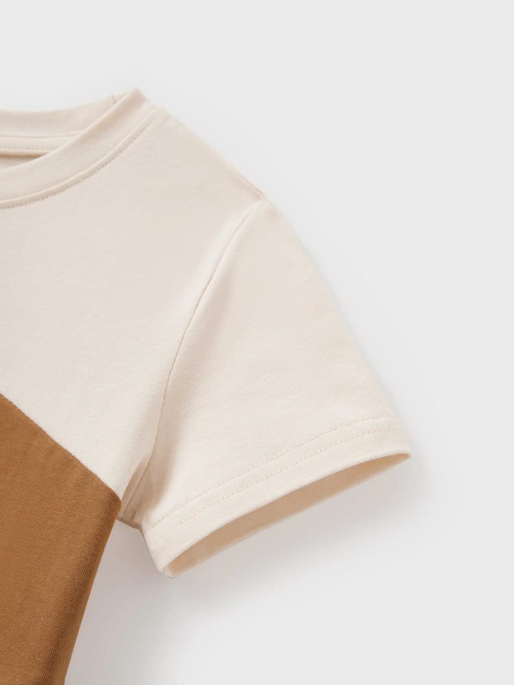 Family Matching Colorblock Cotton Tee or Flora Print Strap Body-con Dress or Mesh Splicing Dress Khaki