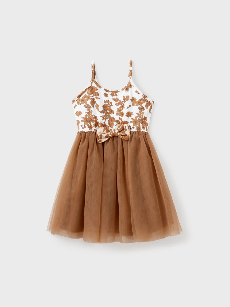 Family Matching Colorblock Cotton Tee or Flora Print Strap Body-con Dress or Mesh Splicing Dress Khaki