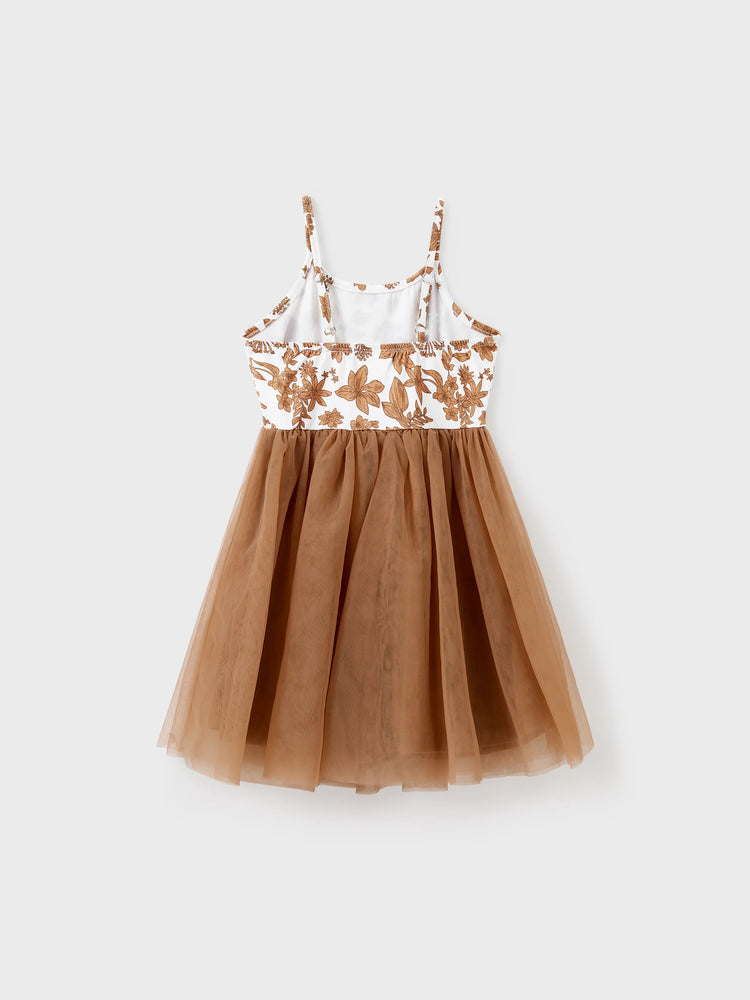 Family Matching Colorblock Cotton Tee or Flora Print Strap Body-con Dress or Mesh Splicing Dress Khaki