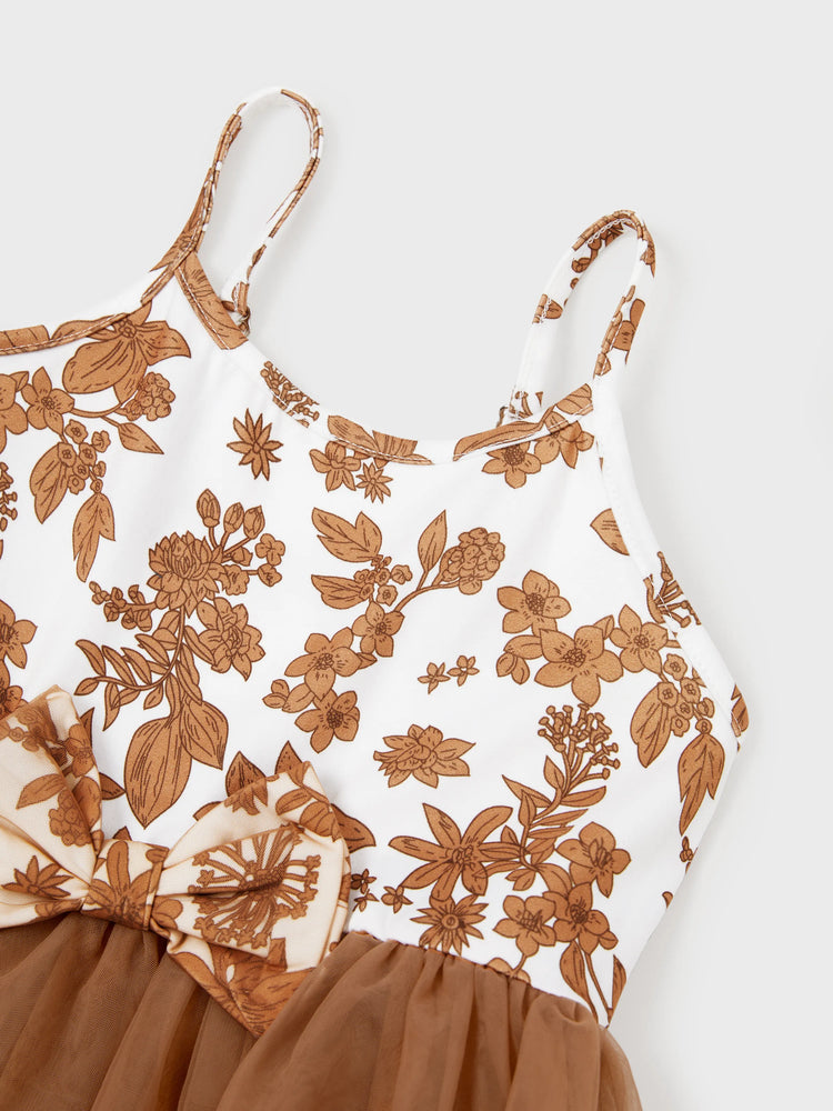 Family Matching Colorblock Cotton Tee or Flora Print Strap Body-con Dress or Mesh Splicing Dress Khaki