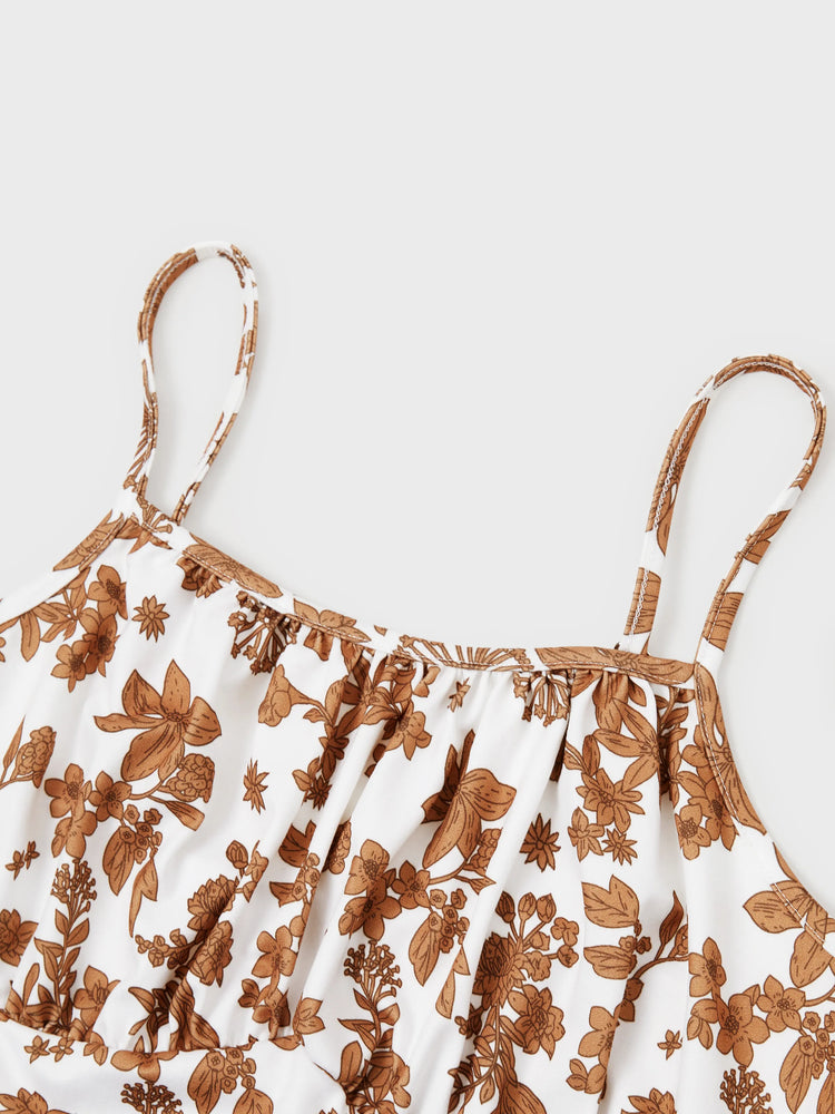 Family Matching Colorblock Cotton Tee or Flora Print Strap Body-con Dress or Mesh Splicing Dress Khaki