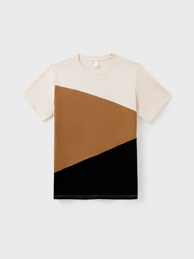 Family Matching Colorblock Cotton Tee or Flora Print Strap Body-con Dress or Mesh Splicing Dress Khaki