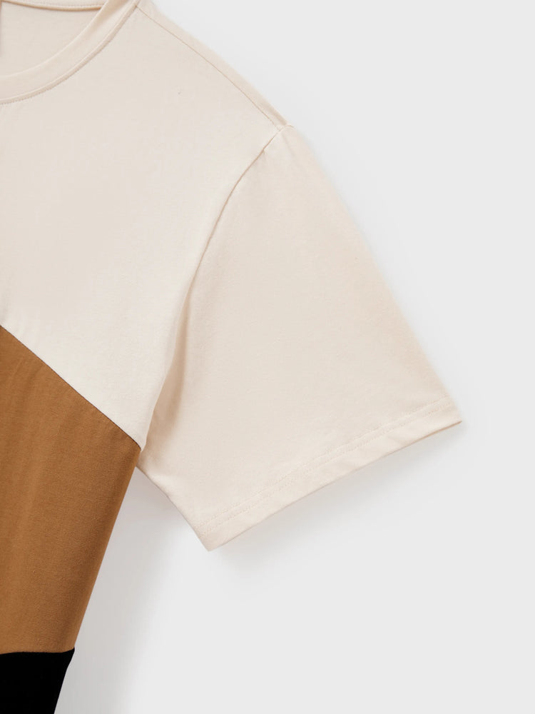 Family Matching Colorblock Cotton Tee or Flora Print Strap Body-con Dress or Mesh Splicing Dress Khaki