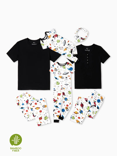 Pyjama familial en bambou, imprimé sur le thème de l'espace, ensemble de pyjama assorti à manches courtes (ajusté pour les enfants) blanc