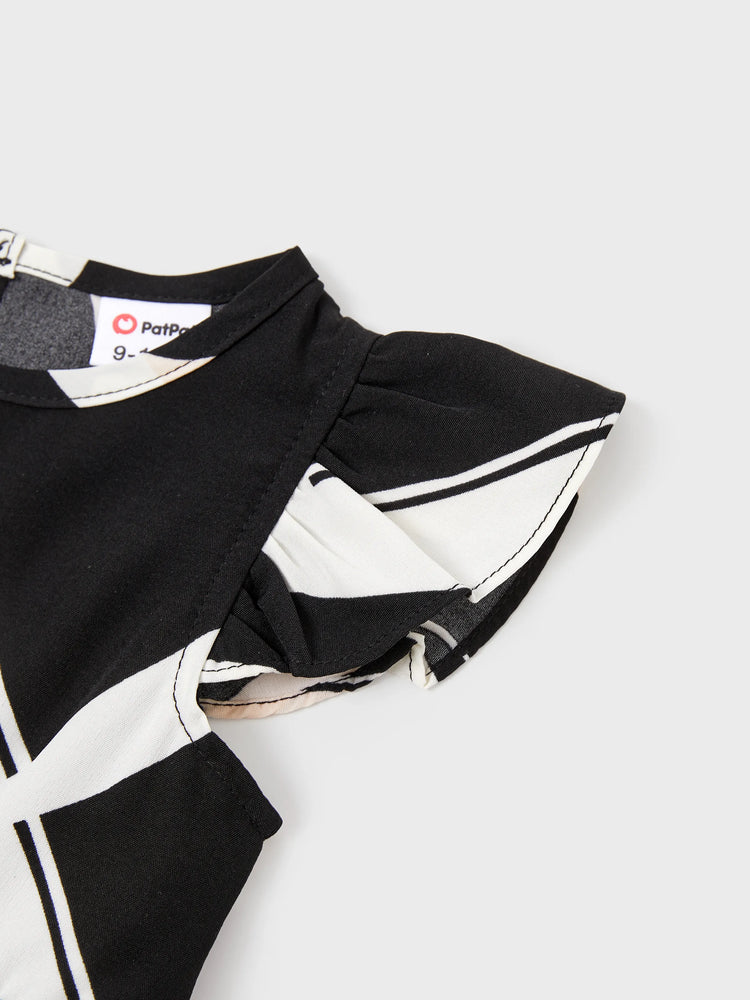 Familienpassendes Farbblock-Baumwoll-T-Shirt oder modernes Kurzarmkleid mit abstraktem Druck und Taillengürtel schwarz