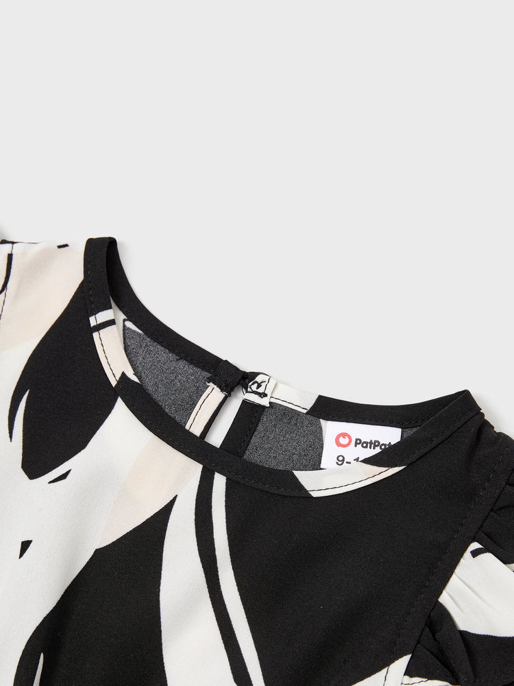 Familienpassendes Farbblock-Baumwoll-T-Shirt oder modernes Kurzarmkleid mit abstraktem Druck und Taillengürtel schwarz