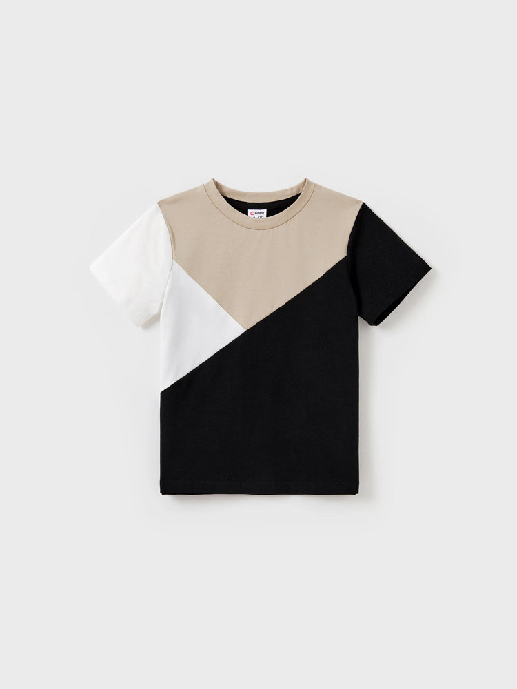 Familienpassendes Farbblock-Baumwoll-T-Shirt oder modernes Kurzarmkleid mit abstraktem Druck und Taillengürtel schwarz