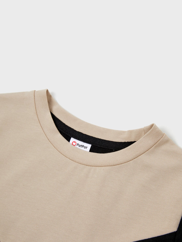 Familienpassendes Farbblock-Baumwoll-T-Shirt oder modernes Kurzarmkleid mit abstraktem Druck und Taillengürtel schwarz