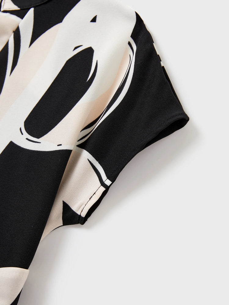 Familienpassendes Farbblock-Baumwoll-T-Shirt oder modernes Kurzarmkleid mit abstraktem Druck und Taillengürtel schwarz