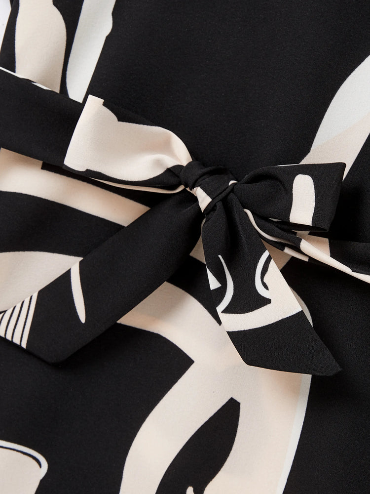 Familienpassendes Farbblock-Baumwoll-T-Shirt oder modernes Kurzarmkleid mit abstraktem Druck und Taillengürtel schwarz