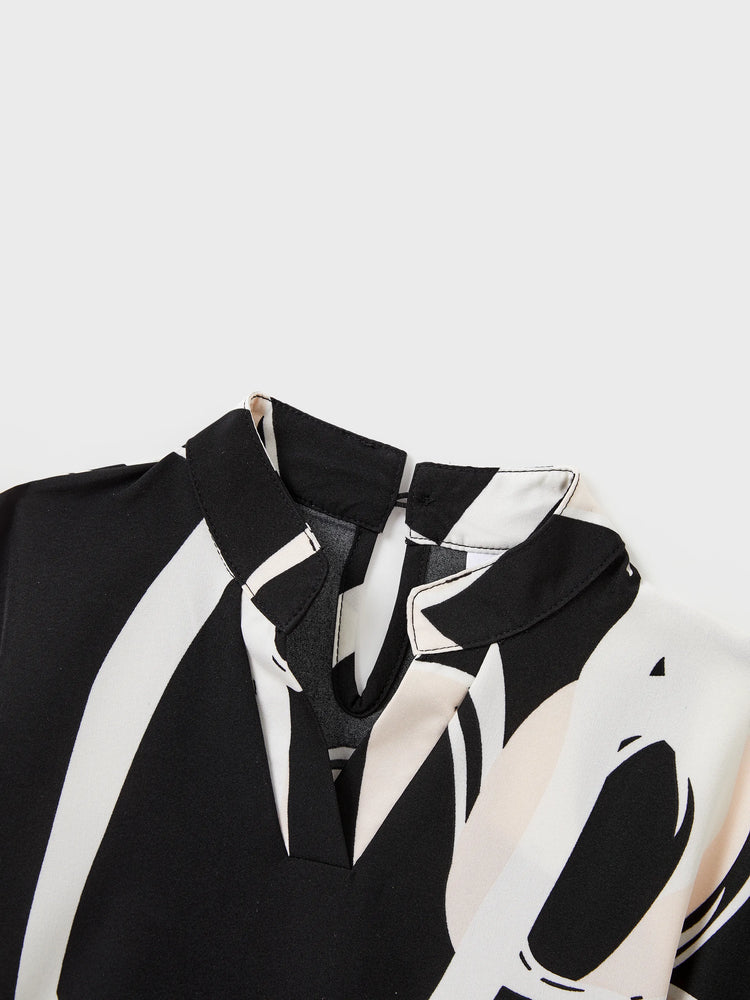 Familienpassendes Farbblock-Baumwoll-T-Shirt oder modernes Kurzarmkleid mit abstraktem Druck und Taillengürtel schwarz