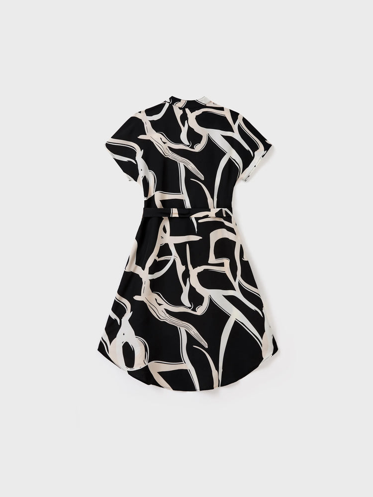 Familienpassendes Farbblock-Baumwoll-T-Shirt oder modernes Kurzarmkleid mit abstraktem Druck und Taillengürtel schwarz