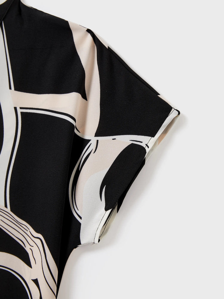 Familienpassendes Farbblock-Baumwoll-T-Shirt oder modernes Kurzarmkleid mit abstraktem Druck und Taillengürtel schwarz