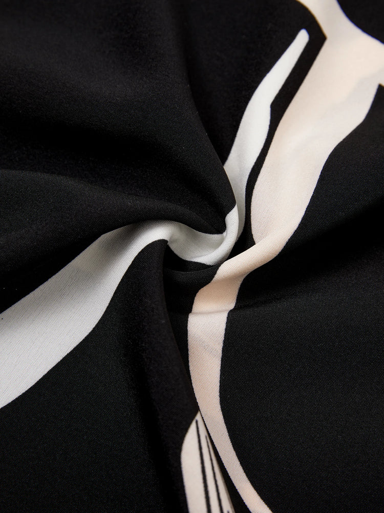 Familienpassendes Farbblock-Baumwoll-T-Shirt oder modernes Kurzarmkleid mit abstraktem Druck und Taillengürtel schwarz