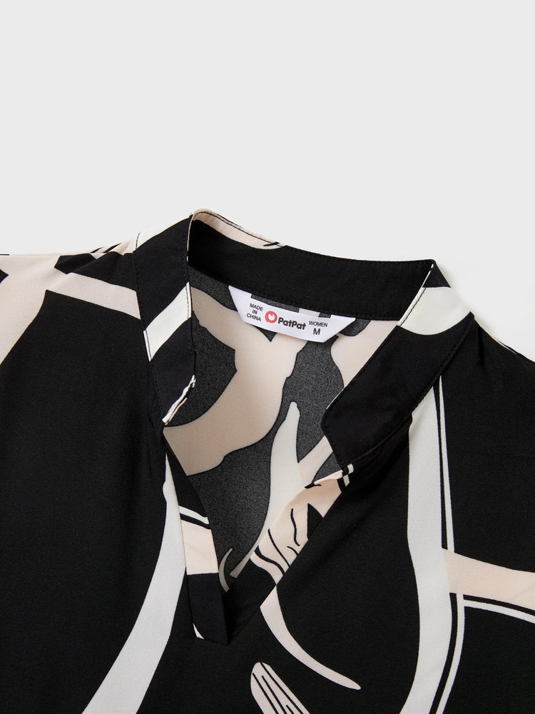 Familienpassendes Farbblock-Baumwoll-T-Shirt oder modernes Kurzarmkleid mit abstraktem Druck und Taillengürtel schwarz