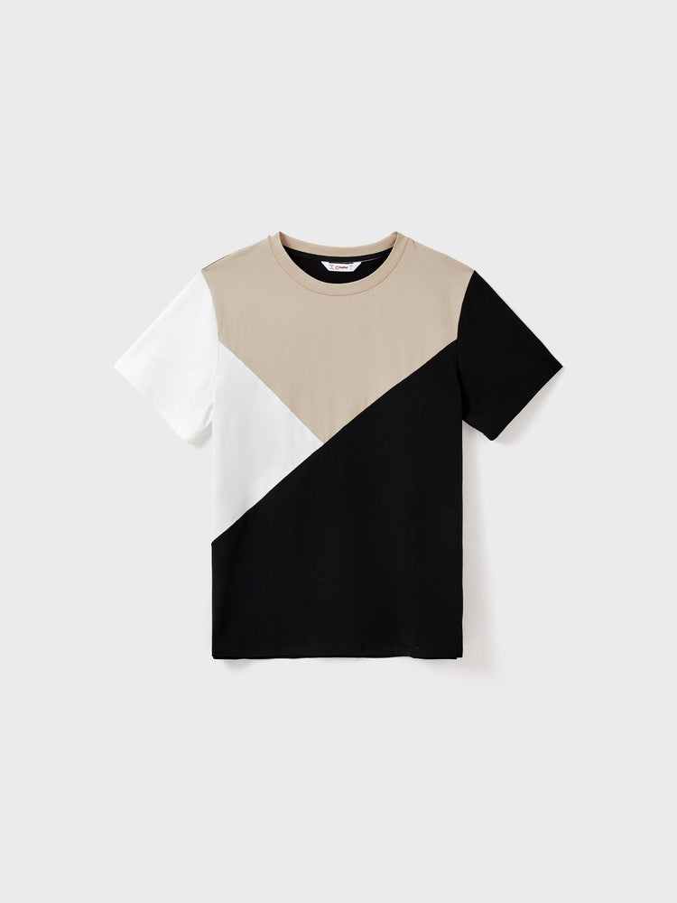 Familienpassendes Farbblock-Baumwoll-T-Shirt oder modernes Kurzarmkleid mit abstraktem Druck und Taillengürtel schwarz