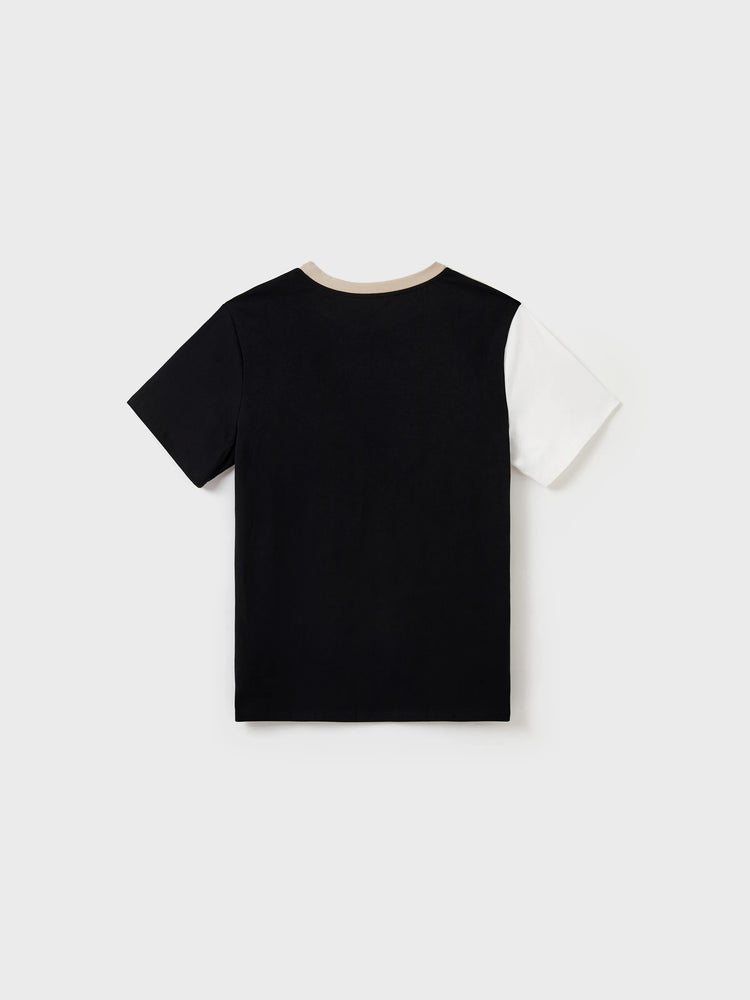 Familienpassendes Farbblock-Baumwoll-T-Shirt oder modernes Kurzarmkleid mit abstraktem Druck und Taillengürtel schwarz