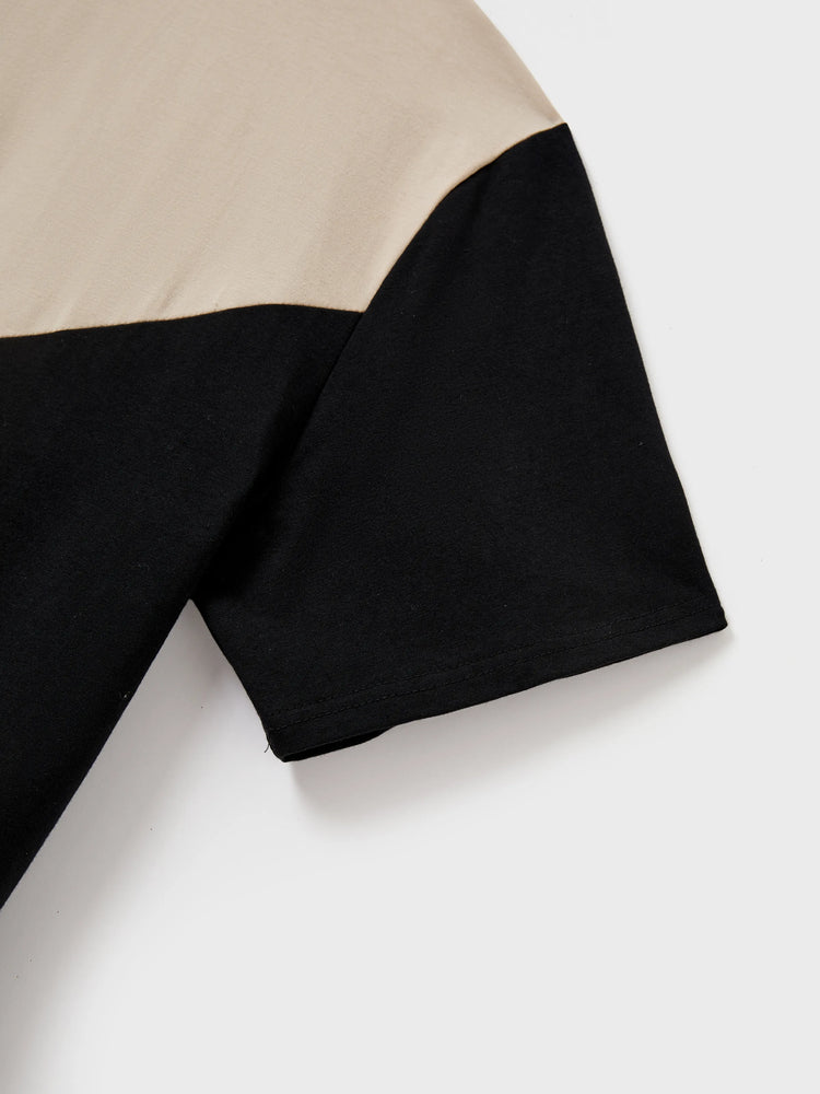 Familienpassendes Farbblock-Baumwoll-T-Shirt oder modernes Kurzarmkleid mit abstraktem Druck und Taillengürtel schwarz