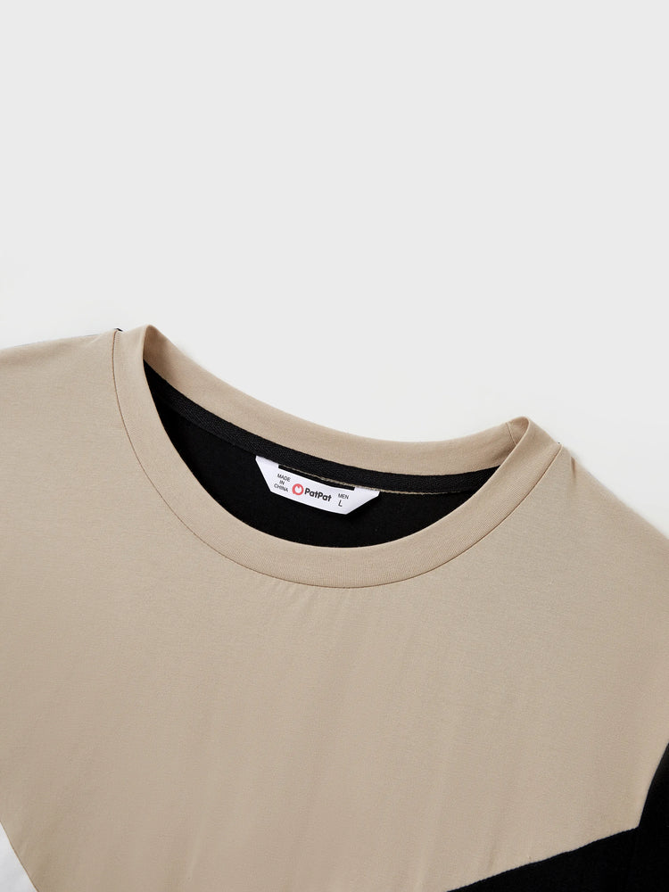 Familienpassendes Farbblock-Baumwoll-T-Shirt oder modernes Kurzarmkleid mit abstraktem Druck und Taillengürtel schwarz