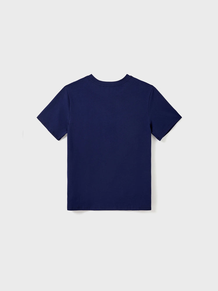 Ensemble familial assorti avec t-shirt bleu à blocs de couleurs ou robe à manches bouffantes et smocks à imprimé feuilles