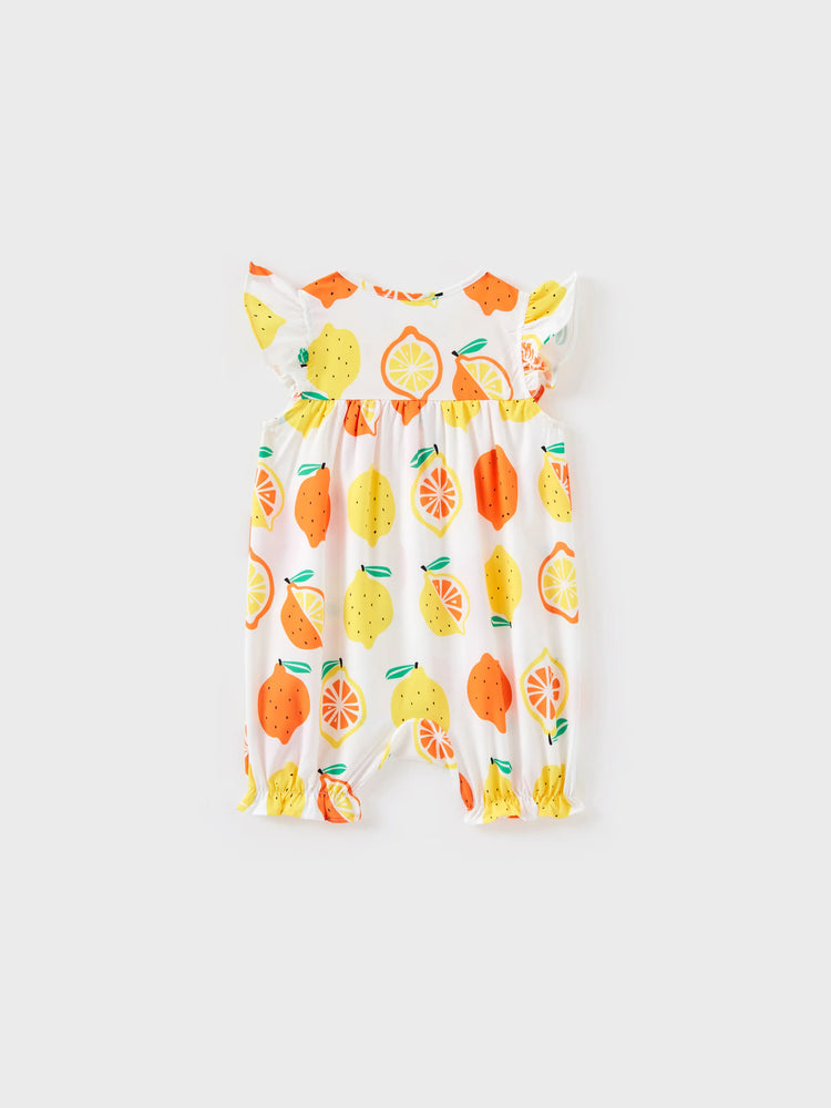 Baby Girl Childlike Fruit Print Ruffled Romper Orange