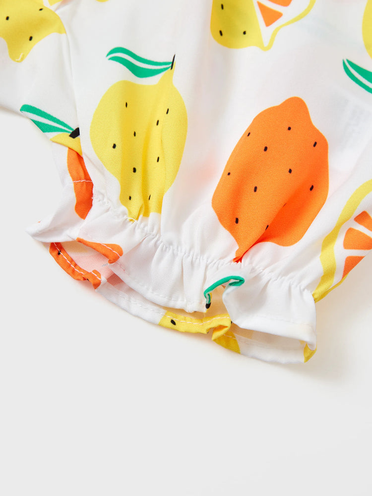 Baby Girl Childlike Fruit Print Ruffled Romper Orange