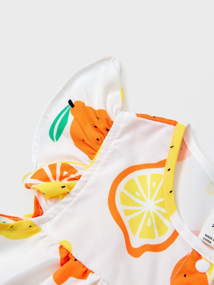 Baby Girl Childlike Fruit Print Ruffled Romper Orange