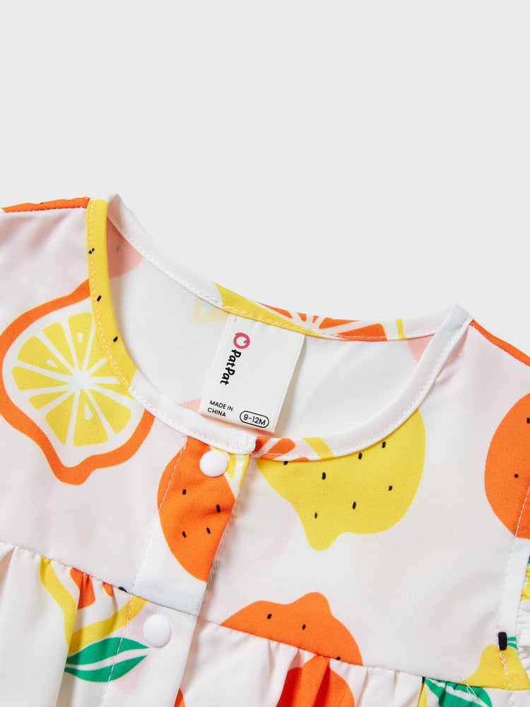 Baby Girl Childlike Fruit Print Ruffled Romper Orange