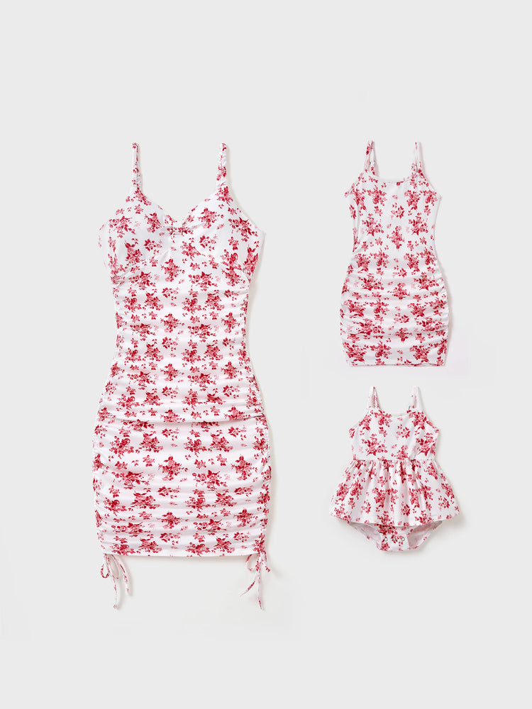 Matching Flower Print Strappy Body-con Dress for Mommy and Me White