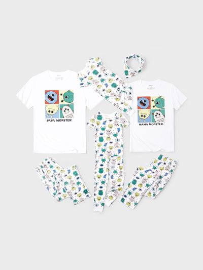 Pyjama familial en bambou, imprimé petit monstre mignon, manches courtes, ensemble assorti (ajusté pour les enfants) blanc