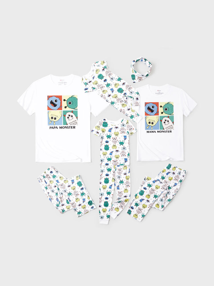 Pyjama familial en bambou, imprimé petit monstre mignon, manches courtes, ensemble assorti (ajusté pour les enfants) blanc