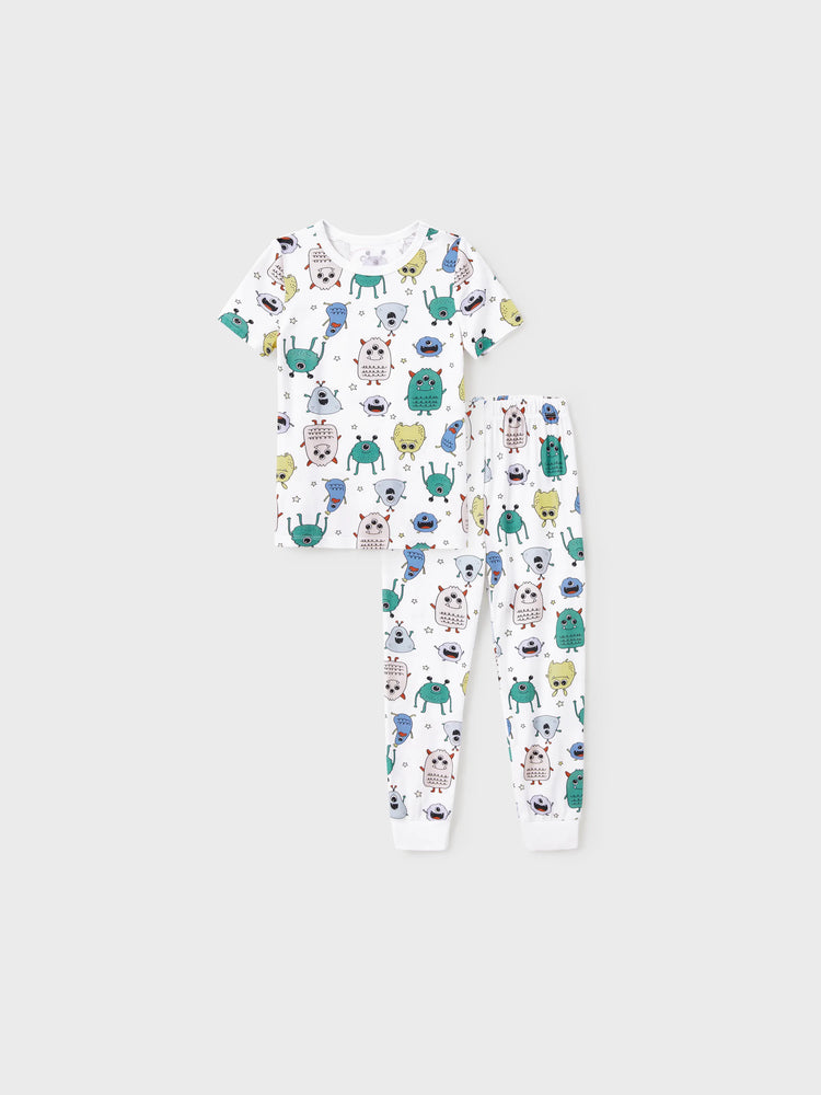 Pyjama familial en bambou, imprimé petit monstre mignon, manches courtes, ensemble assorti (ajusté pour les enfants) blanc