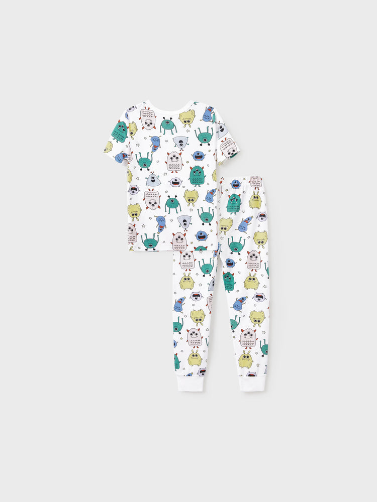 Pyjama familial en bambou, imprimé petit monstre mignon, manches courtes, ensemble assorti (ajusté pour les enfants) blanc