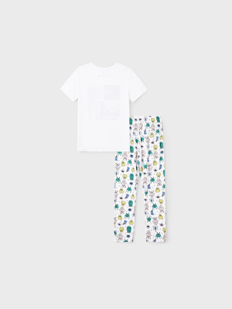 Pyjama familial en bambou, imprimé petit monstre mignon, manches courtes, ensemble assorti (ajusté pour les enfants) blanc