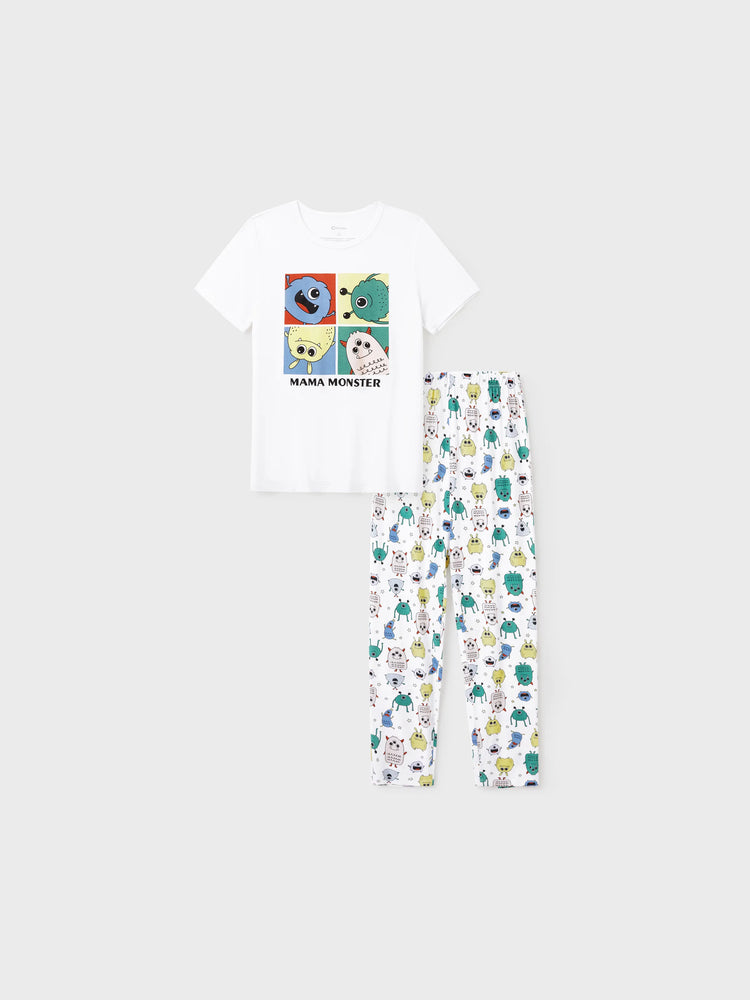 Mommy & me Bamboo Family Pajamas Cute Little Monster Print Short-sleeve Matching Pajama Set ( Snug-Fitting for Children ) White
