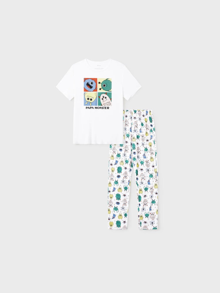 Pyjama familial en bambou, imprimé petit monstre mignon, manches courtes, ensemble assorti (ajusté pour les enfants) blanc