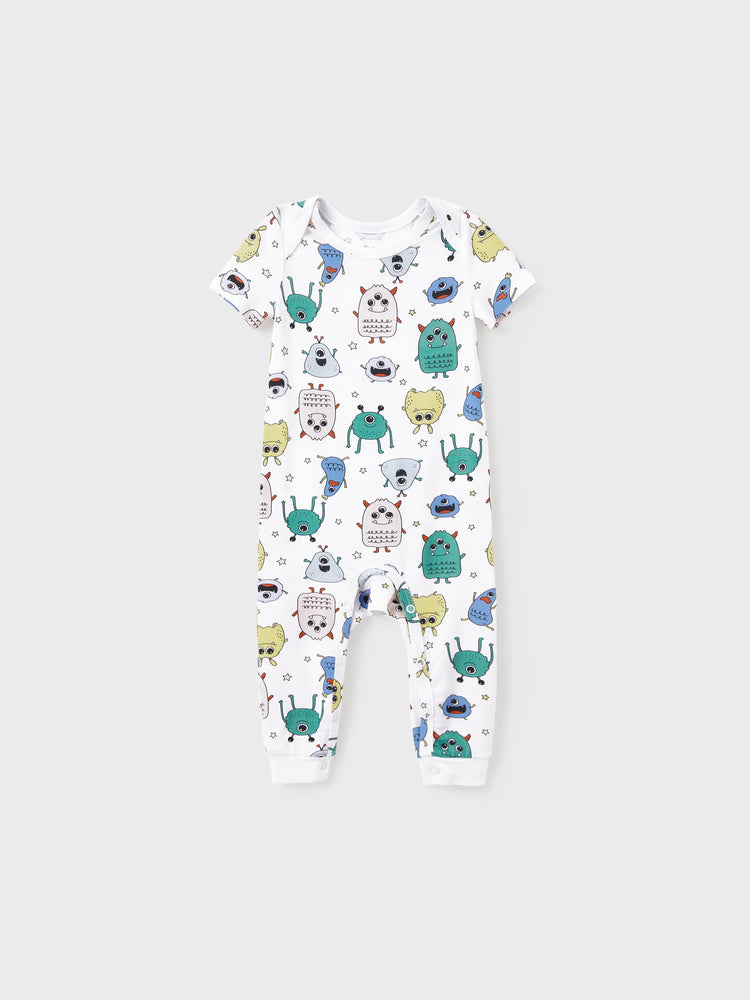 Pyjama familial en bambou, imprimé petit monstre mignon, manches courtes, ensemble assorti (ajusté pour les enfants) blanc