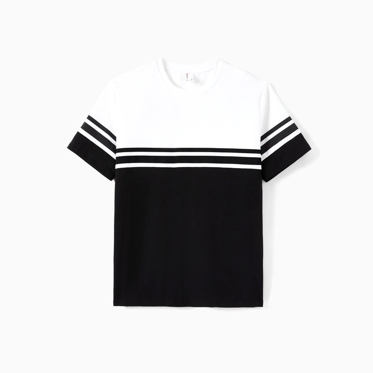 Matching Family Outfits ¨C Black & White Striped Casual Short Sleeve T-Shirt for Men & Boy, Crop Top & Midi Skirt Co-ord Set for women & Girl, Flared Dresses for Baby Girl ¨C Stylish Summer Family Coordinated Cotton Set Black+White