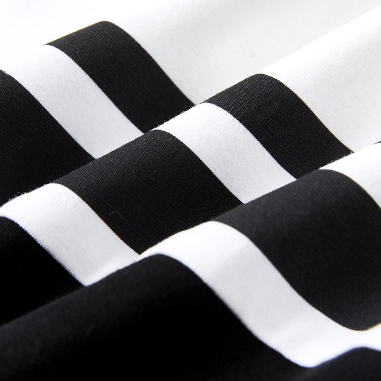 Matching Family Outfits ¨C Black & White Striped Casual Short Sleeve T-Shirt for Men & Boy, Crop Top & Midi Skirt Co-ord Set for women & Girl, Flared Dresses for Baby Girl ¨C Stylish Summer Family Coordinated Cotton Set Black+White