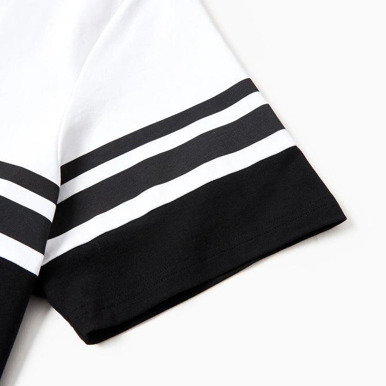 Matching Family Outfits ¨C Black & White Striped Casual Short Sleeve T-Shirt for Men & Boy, Crop Top & Midi Skirt Co-ord Set for women & Girl, Flared Dresses for Baby Girl ¨C Stylish Summer Family Coordinated Cotton Set Black+White