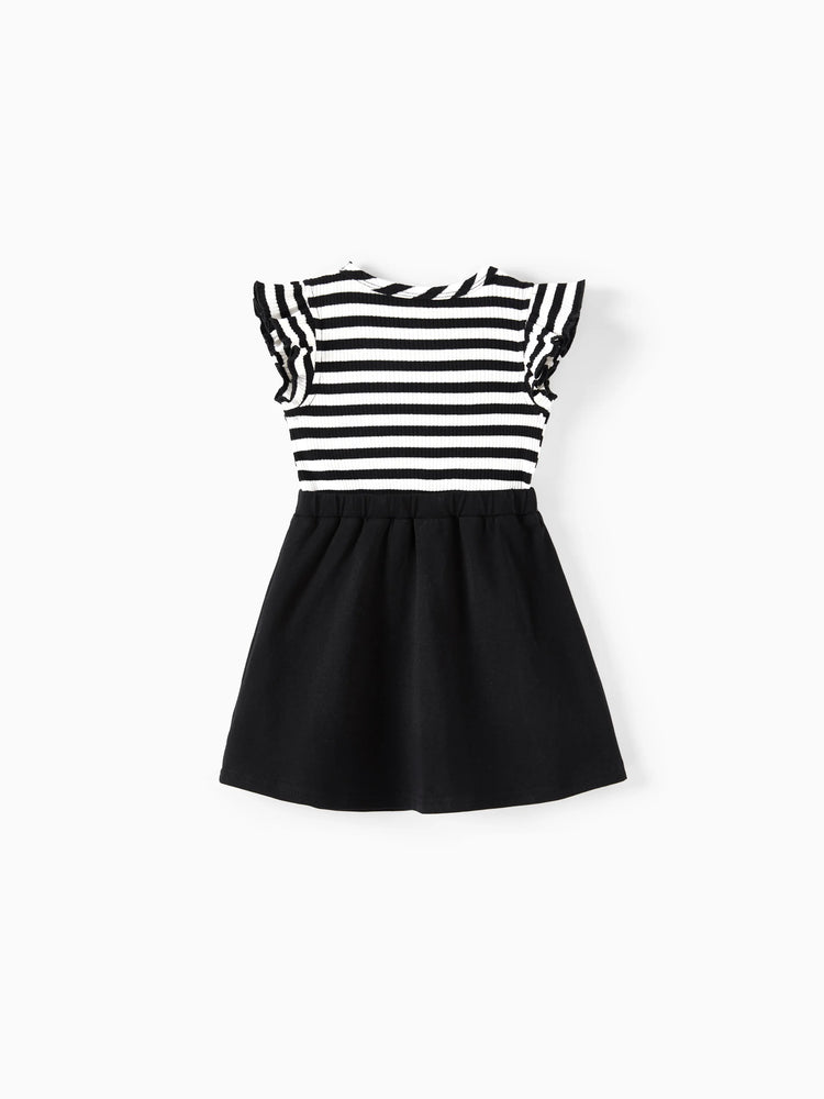 Matching Family Outfits ¨C Black & White Striped Casual Short Sleeve T-Shirt for Men & Boy, Crop Top & Midi Skirt Co-ord Set for women & Girl, Flared Dresses for Baby Girl ¨C Stylish Summer Family Coordinated Cotton Set Black+White
